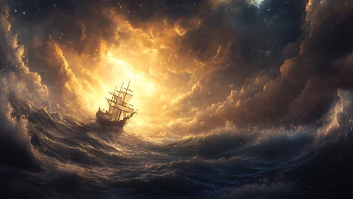 Sailing ship in turbulent ocean beneath luminous storm clouds.
