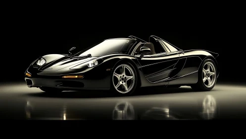 Black convertible sports car on reflective studio surface.