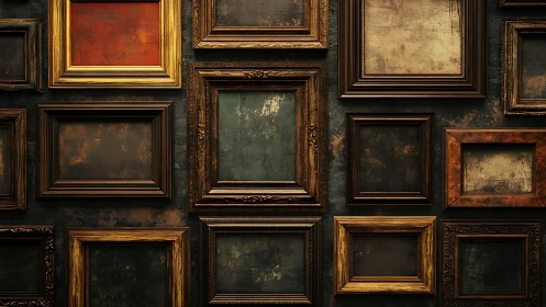 Empty vintage picture frames arranged on textured wall.