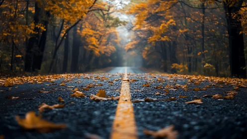 Autumn road perspective with fallen leaves and vanishing line.