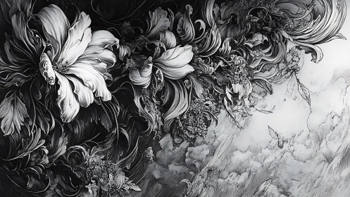 Monochrome blossoms drift into ethereal clouded sky.