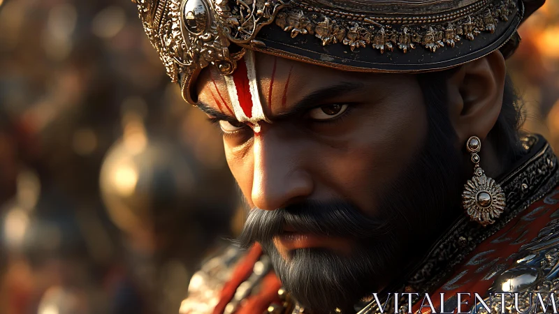 Warrior king close-up with ornate crown, sharp specular lighting