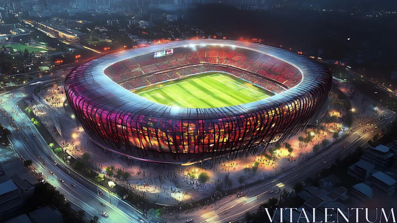 Nocturnal aerial of illuminated oval football stadium exterior