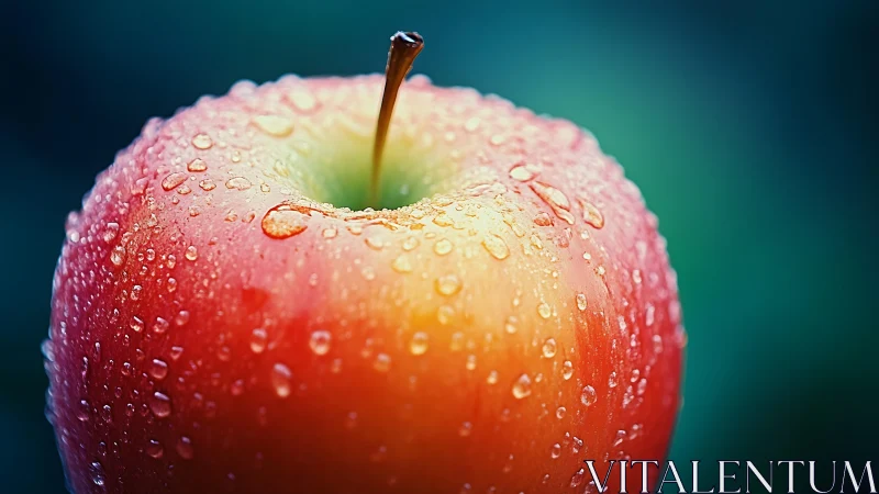 Macro study of dewy red-yellow apple with soft bokeh background.