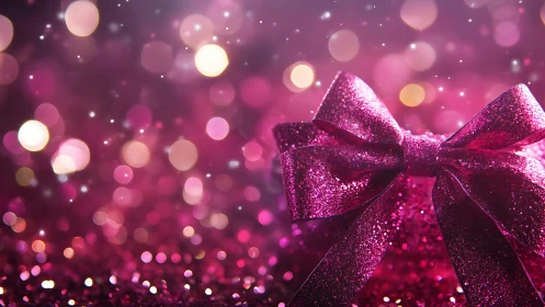 Glittering magenta gift bow rendered with shallow depth of field