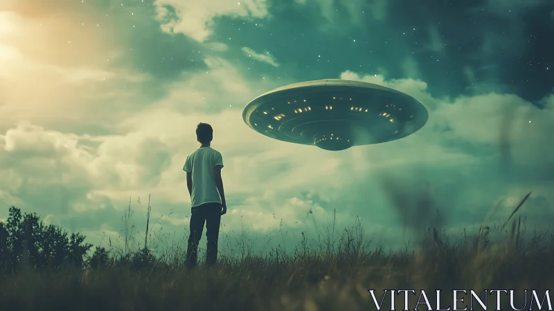 Teen observer facing illuminated UFO over twilight meadow