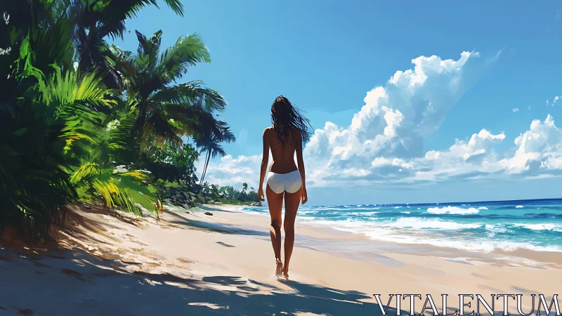 Figure walking along tropical shoreline under clear sky.