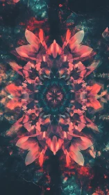 Digital painting mandala of luminous coral petals on void ground.
