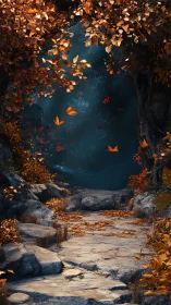 Autumn stone path leading into luminous indigo forest hollow.