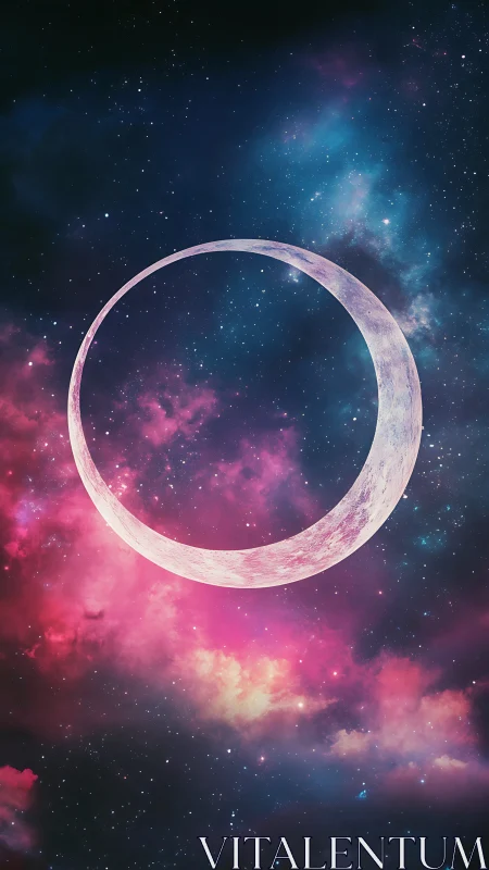 Crescent ring moon suspended in vivid nebula sky.