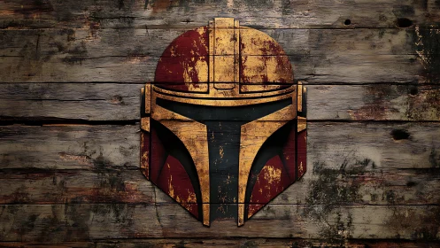 Weathered Mandalorian helmet emblem on distressed timber panel.