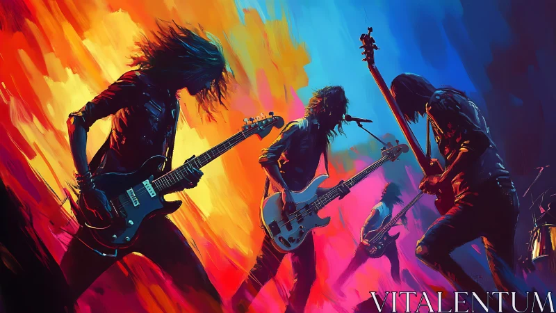 Dynamic rock band silhouettes against high-saturation gradient stage
