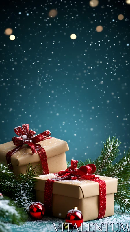 Snowy gift boxes glow softly in a cozy Christmas scene
