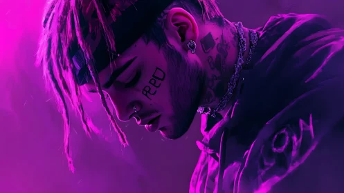 Digital portrait of tattooed rapper in neon purple glow.