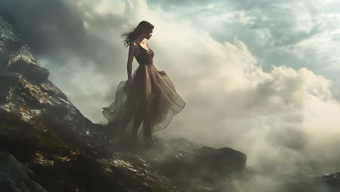 Woman in sheer dress stands on rocky cliff amid dense clouds
