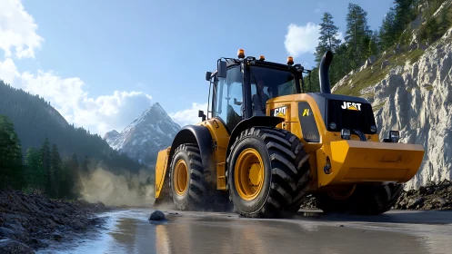 Heavy construction tractor crossing wet mountain worksite.