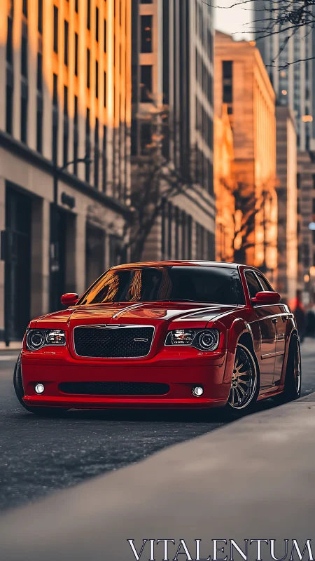 Crimson luxury sedan cruising through golden city canyons.