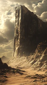 Titan cliff drinks the desert light beneath bruised clouds