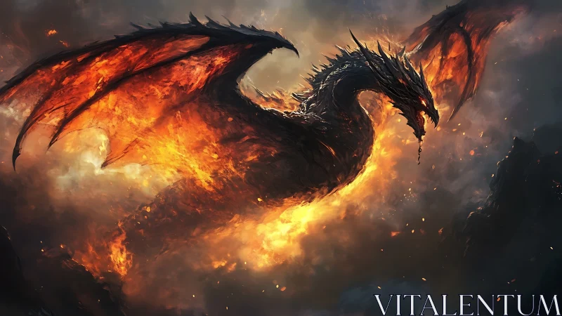 Inferno-winged dragon carves molten arcs through stormfire sky