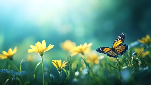 Sunlit meadow moment with a butterfly in soft bloomlight.