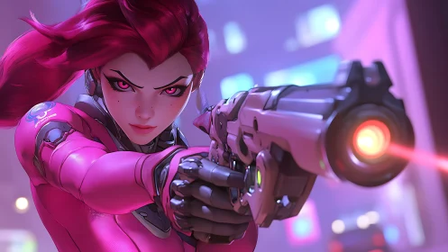 Cybernetic agent aims high-energy pistol with neon depth of field