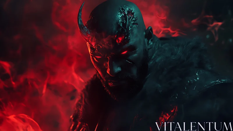 Demonic warrior emerges from crimson flames in shadowed void.