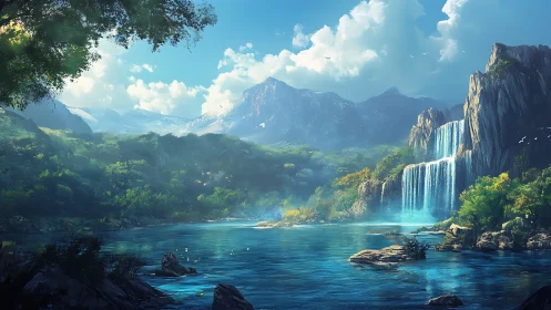 Luminous mountain waterfalls over misted turquoise lake.