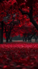 Enchanted red forest path glowing with deep autumn light.