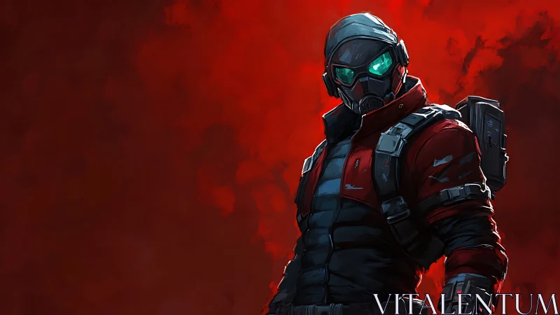 Masked sci fi guardian standing bold in glowing red light.
