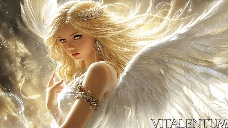 Golden haired angel with radiant wings in luminous aura