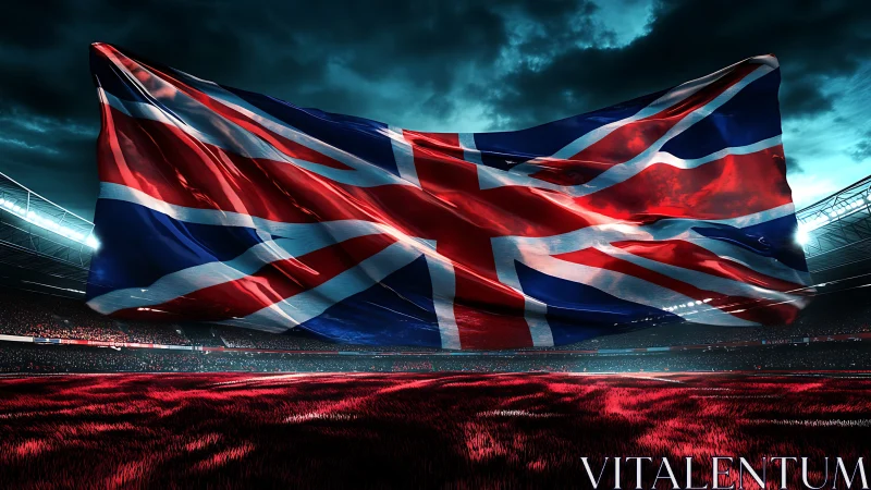 Union Jack flag billows dramatically above modern sports arena