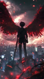Winged dusk sentinel ignites a city of restless embers.