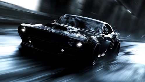 Midnight muscle car racing through a slick neon city street.
