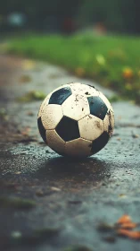 Weathered soccer ball rests on wet street after rainfall
