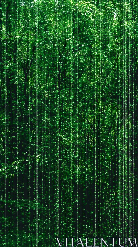 Matrix-like digital rain veiling dense emerald forest scene.
