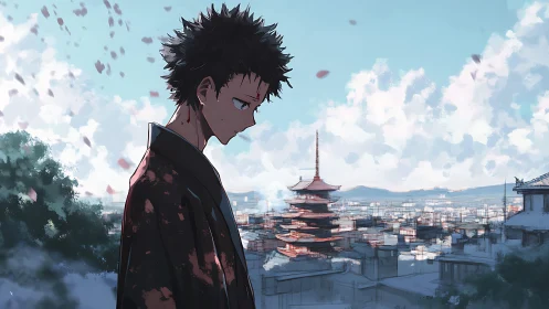 Melancholic anime youth overlooks layered urban pagoda skyline