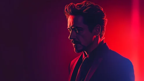 Crimson-lit loner in tailored armor of quiet resolve.