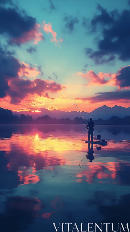 Solitary fisher silhouettes against neon sunset reflections.