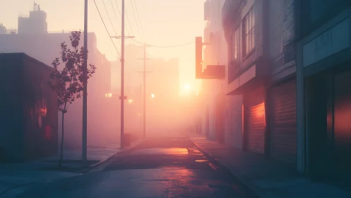 Soft sunrise mist turns a quiet city street into calm magic