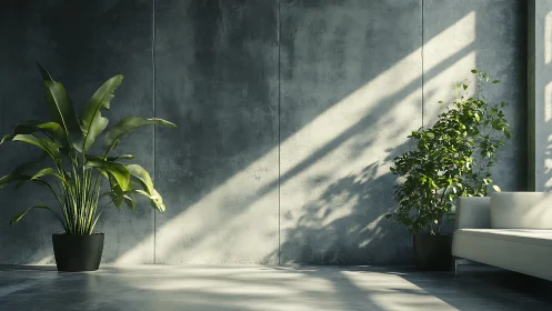 Sunlit concrete interior with potted foliage and sofa edge
