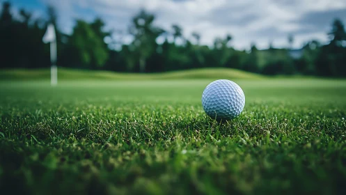Golf ball in macro focus anchors a shallow-depth fairway study