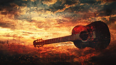 Weathered acoustic guitar against fiery sunset skyscape.