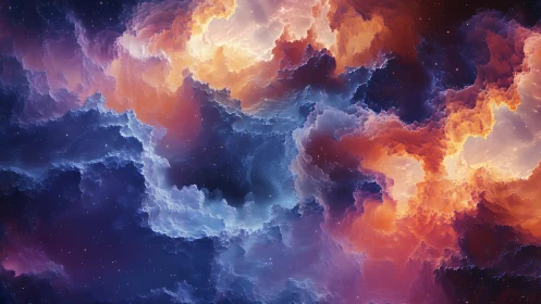 Layered multicolor nebula cloudscape in deep space field.