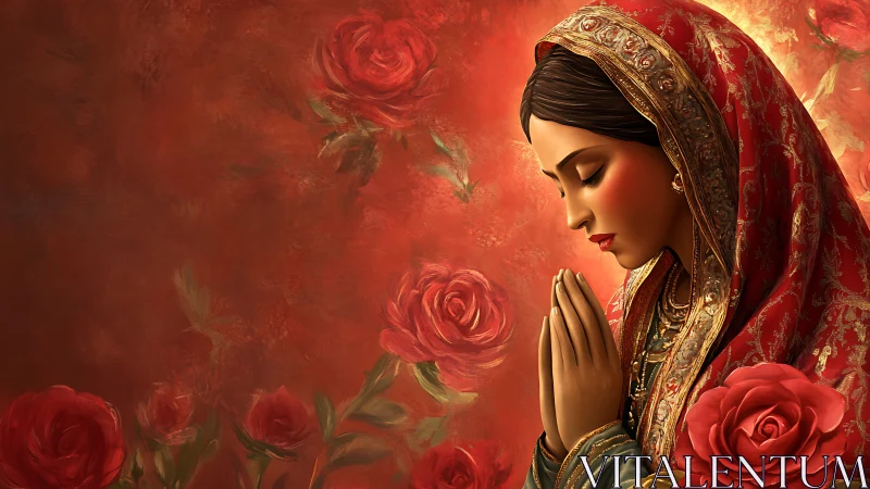 Prayerful woman in red sari stands amid glowing painted roses