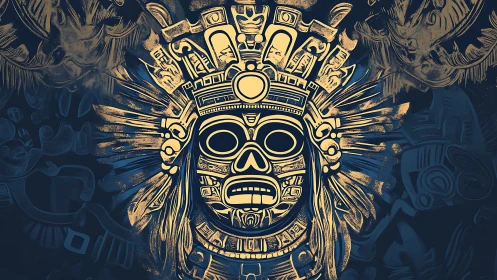 Golden Aztec skull mask radiates mystical ceremonial power