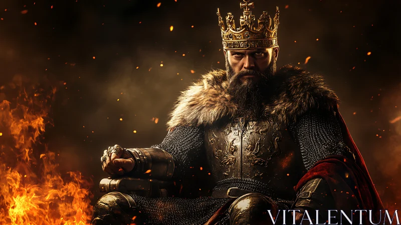 Imperious medieval king on a throne amid roaring flames.