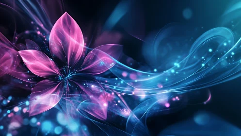 Digital floral structure intersects with flowing light trails