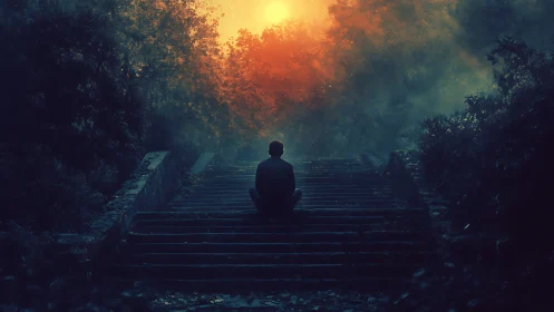 Silhouette meditates on stone steps beneath burning sky.
