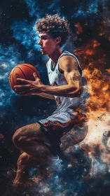 Basketball player soars through fire and ice energy clouds