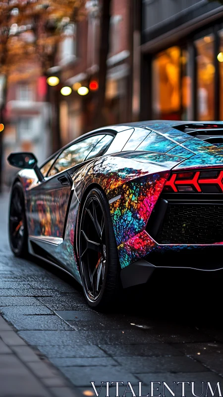 Street-lit supercar wrapped in kaleidoscopic night color.
